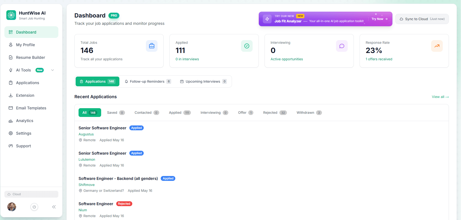 HuntWise AI dashboard with job application tracking and AI career tools