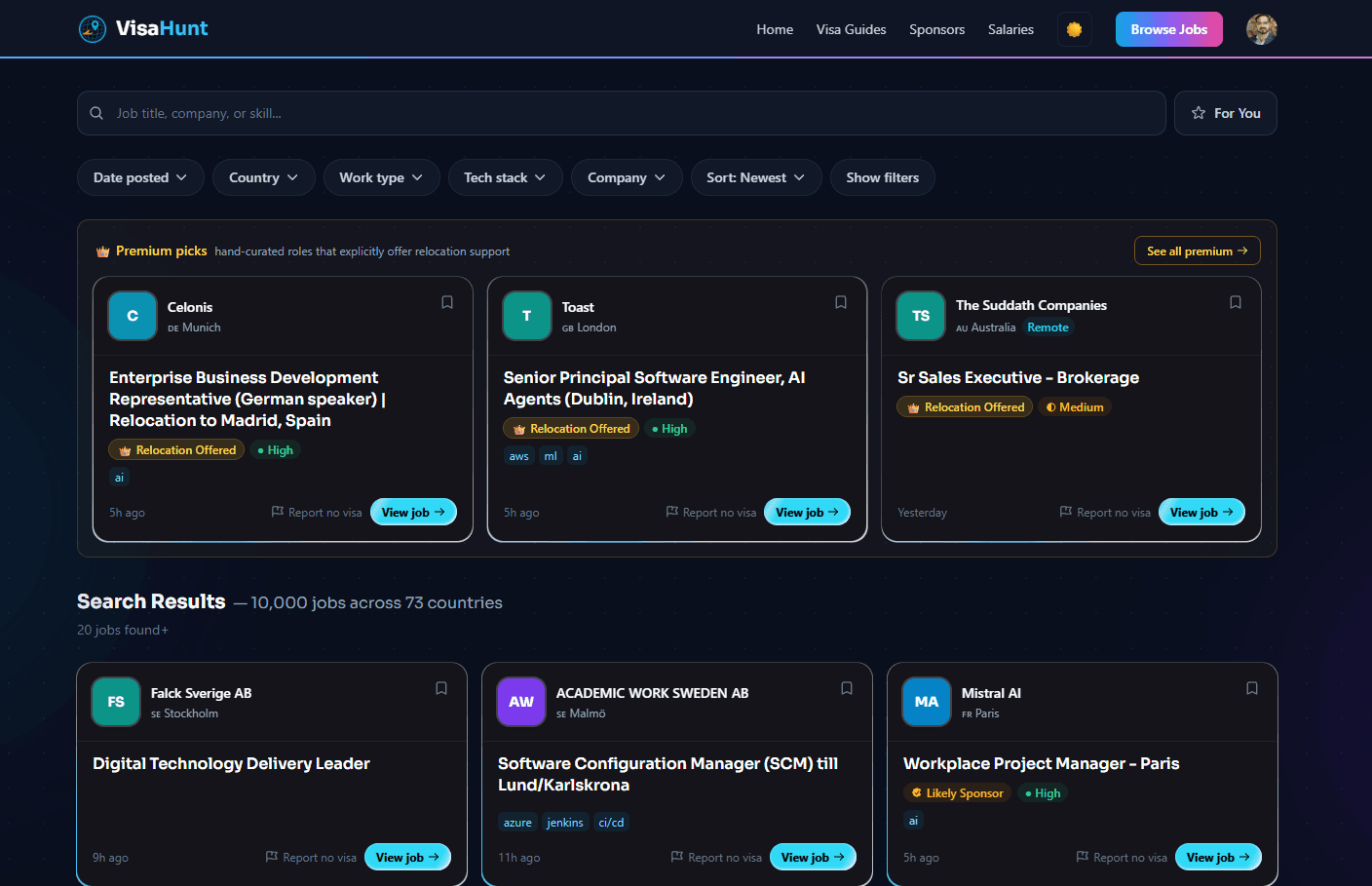 VisaHunt search interface for visa-sponsored tech jobs with salary data